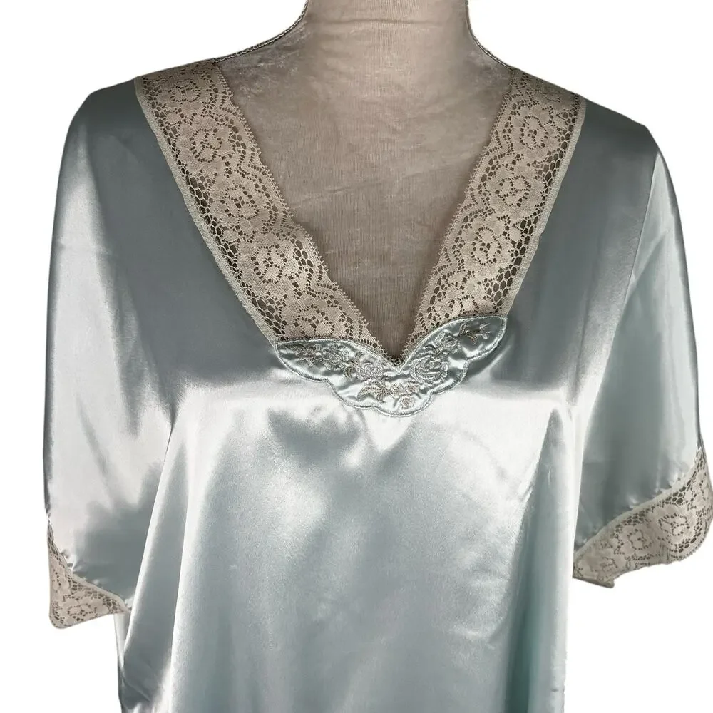 Vintage Val Mode Lingerie Nightgown Large Blue Lace V-Neck